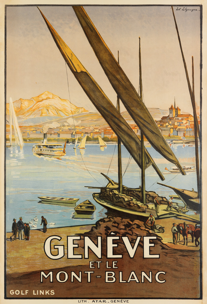 EDOUARD ELZINGRE (1880-1966). GENÈVE / ET LE MONT - BLANC. 1925. 43x29 inches, 110x75 cm. Atar, Geneva.
